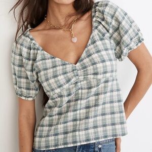Madewell Plaid Puff-Sleeve Ruched Bodice Coquette Top Woman’s Size Medium